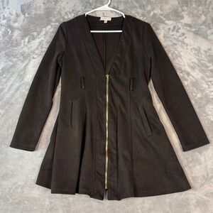 Triple Seven Black Faux Suede Zip Front Fit and Flare Jacket Dress Womens Medium
